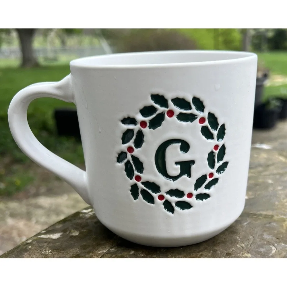 Pottery Barn Holiday Monogram Initial G Holly Wreath Coffee Mug White Green Red‎